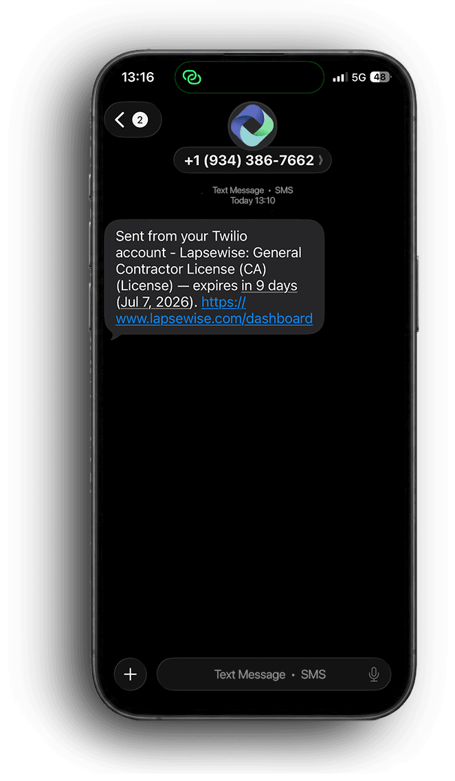 iPhone showing an SMS reminder from Lapsewise about an expiring training certificate